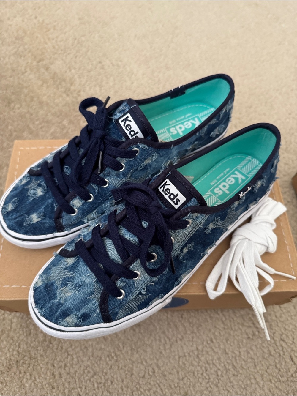 Keds Distressed Denim Double Lace-Up Sneakers - Navy